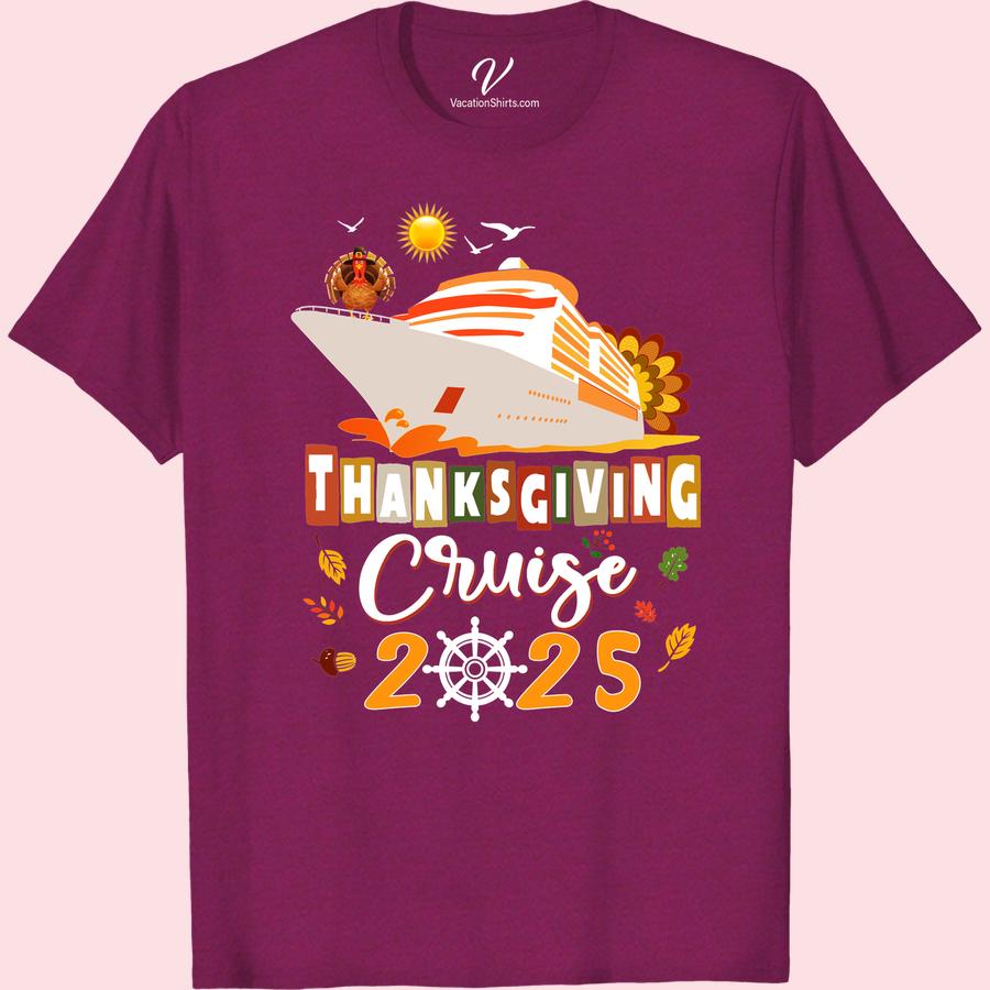 Festive 2023 Thanksgiving Cruise Tee: Turkey & Ship Design Set sail in style with our 2023 Thanksgiving Cruise T-Shirt. This Turkey and Ship Design Tee offers festive cruise wear that perfectly merges holiday cruise apparel with a fall cruise wardrobe. Make a statement this season in our Thanksgiving-themed t-shirt; a must-have for your 2023 festive Thanksgiving cruise gear.