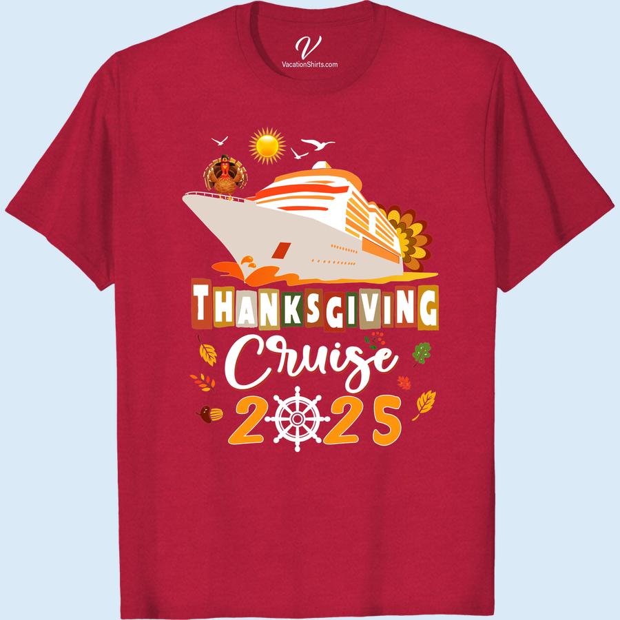 Festive 2023 Thanksgiving Cruise Tee: Turkey & Ship Design Set sail in style with our 2023 Thanksgiving Cruise T-Shirt. This Turkey and Ship Design Tee offers festive cruise wear that perfectly merges holiday cruise apparel with a fall cruise wardrobe. Make a statement this season in our Thanksgiving-themed t-shirt; a must-have for your 2023 festive Thanksgiving cruise gear.