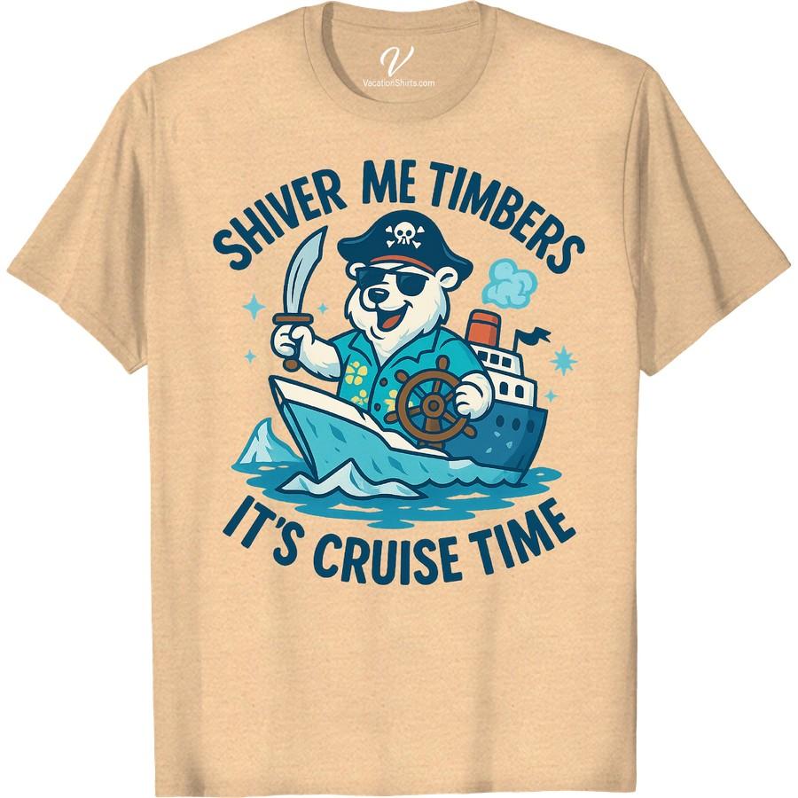 Shiver Me Timbers Cruise Tee: Pirate Bear Adventure Shirt Set sail for fun with our Shiver Me Timbers Cruise Tee! This Pirate Bear Adventure T-shirt is your ticket to high seas style. Perfect for family vacations, it's the ultimate Maritime Adventure Cruise Shirt. Grab our cool, adventure-themed pirate shirt and make your summer sea adventure unforgettable!