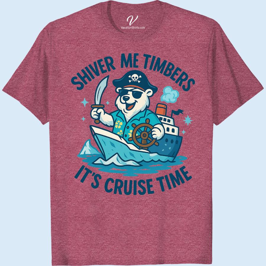 Shiver Me Timbers Cruise Tee: Pirate Bear Adventure Shirt Set sail for fun with our Shiver Me Timbers Cruise Tee! This Pirate Bear Adventure T-shirt is your ticket to high seas style. Perfect for family vacations, it's the ultimate Maritime Adventure Cruise Shirt. Grab our cool, adventure-themed pirate shirt and make your summer sea adventure unforgettable!