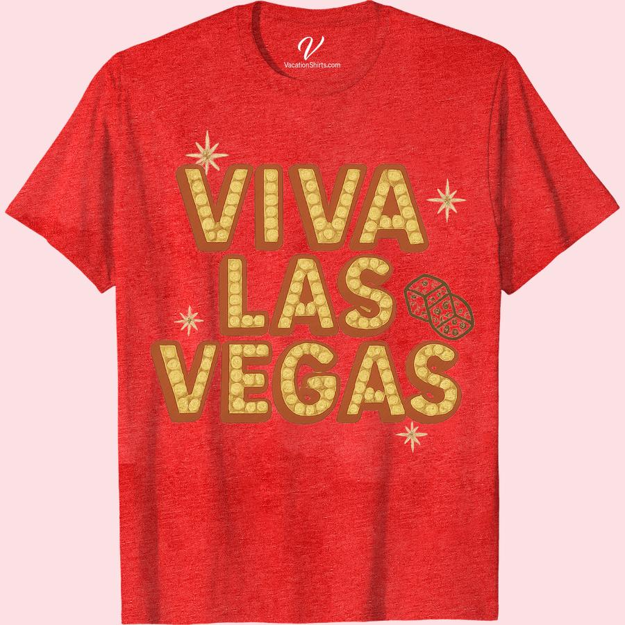 Viva Las Vegas Tee - Bold Design with Dice & Starburst Flair Get ready to rock the Vegas strip with our Viva Las Vegas Tee - a Bold Vegas T-shirt with a playful Dice Design! Style meets comfort in this Vegas Style T-shirt featuring a vibrant Starburst Flair. Perfect as your next Vegas Vacation Shirt, this Las Vegas Vacation Apparel is as memorable as Sin City itself!