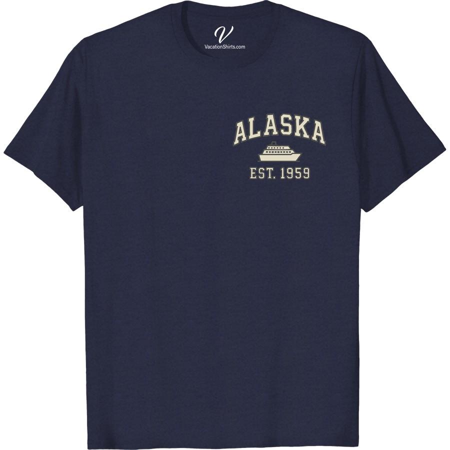 Alaska Cruise Ship Graphic Tee - Collegiate Style, Est. 1959 Capture the thrill of the journey with our 'Alaska Cruise Ship Graphic Tee - Collegiate Style, Est. 1959.' Combining vacation graphic prowess with a classic collegiate vibe, this Alaska cruise shirt is perfect vacationwear. Embrace the spirit of adventure and nostalgia with this 1959 cruise ship graphic tee!