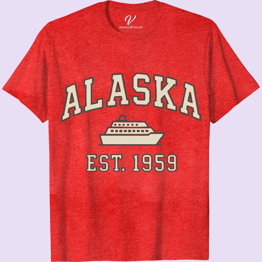 Alaska Cruise Ship Graphic Tee - Collegiate Style, Est. 1959 Capture the thrill of the journey with our 'Alaska Cruise Ship Graphic Tee - Collegiate Style, Est. 1959.' Combining vacation graphic prowess with a classic collegiate vibe, this Alaska cruise shirt is perfect vacationwear. Embrace the spirit of adventure and nostalgia with this 1959 cruise ship graphic tee!