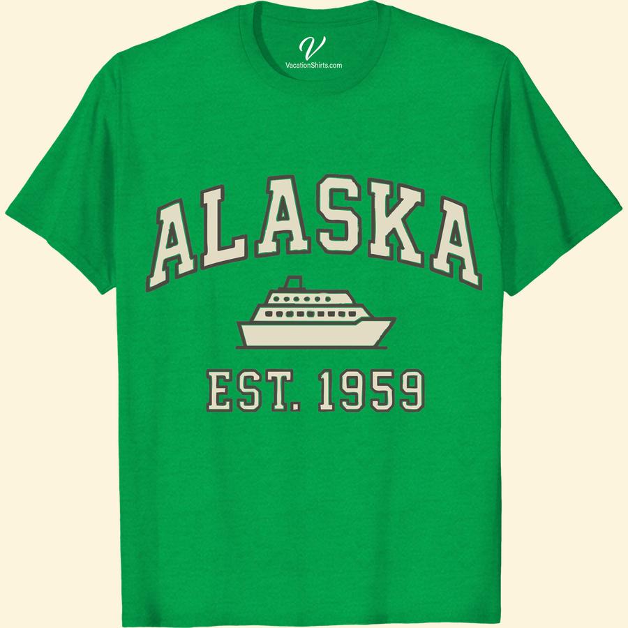 Alaska Cruise Ship Graphic Tee - Collegiate Style, Est. 1959 Capture the thrill of the journey with our 'Alaska Cruise Ship Graphic Tee - Collegiate Style, Est. 1959.' Combining vacation graphic prowess with a classic collegiate vibe, this Alaska cruise shirt is perfect vacationwear. Embrace the spirit of adventure and nostalgia with this 1959 cruise ship graphic tee!