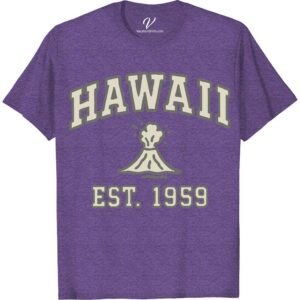 Retro Hawaii Volcano Tee: Est. 1959 Adventure in Style  Adorn the spirit of adventure in style with our 'Retro Hawaii Volcano Tee: Est. 1959'! This vintage Hawaii T-shirt, boasting a vibrant Hawaiian volcano design, is the epitome of 1959 adventure style. Step up your Hawaii vacation clothing with our retro tropical tees - A must-have for your retro adventure clothing collection!