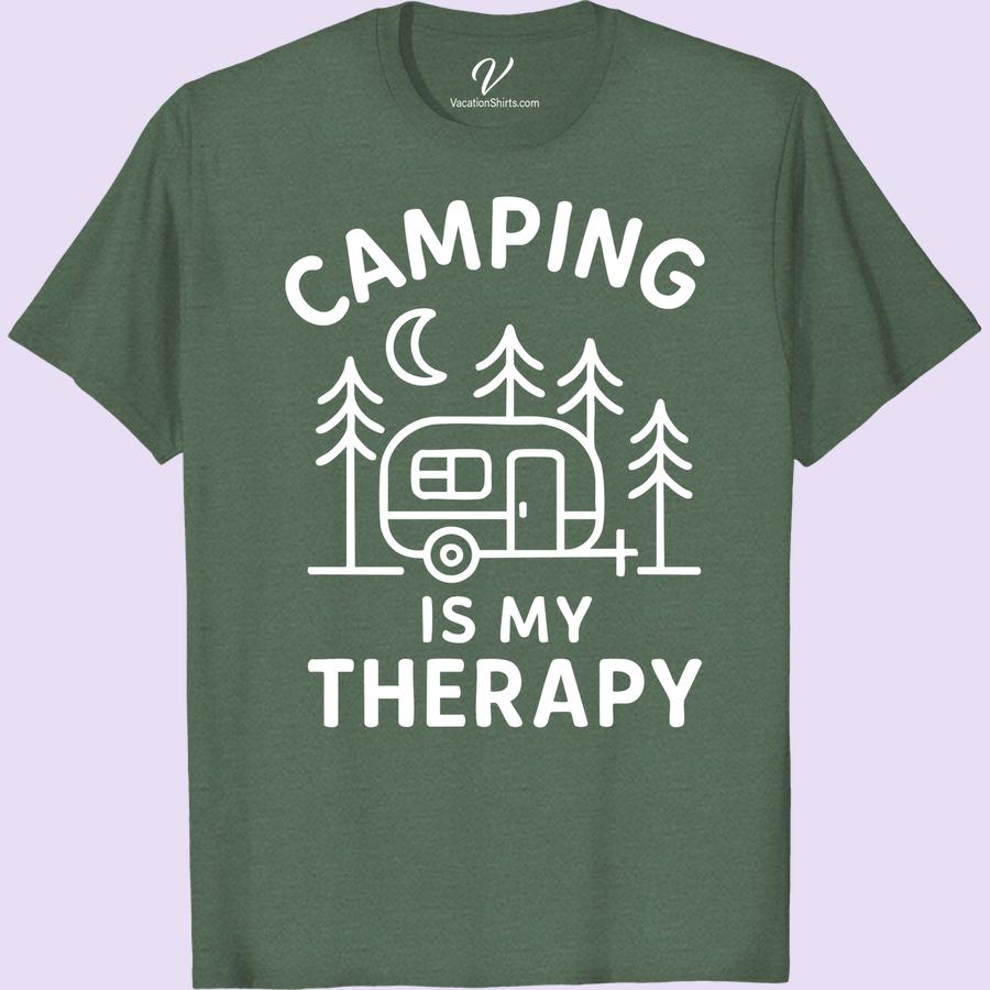 Camping Therapy Tee: Cozy Cotton with Trees & Moon Design Experience the essence of adventure with our 'Camping Therapy T-Shirt'. A perfect blend of coziness and outdoorsy design, this Cotton Camping Tee features a moon and tree design for an authentic camping touch. Ideal as a Camping T-Shirt Gift, this Camping Enthusiast Cotton T-Shirt is the perfect wardrobe staple!