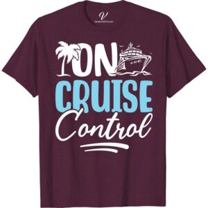 On Cruise Control Tee: Palm, Waves & Ship - Maroon Adventure  Embrace the open seas with our Cruise Control Shirt, a Cruise Vacation T-shirt that brings the tropical thrill to your closet. This Maroon Adventure T-shirt features a wave print and palm print, encapsulating a tropical adventure. A perfect Vacation Apparel for your next cruise vacation.
