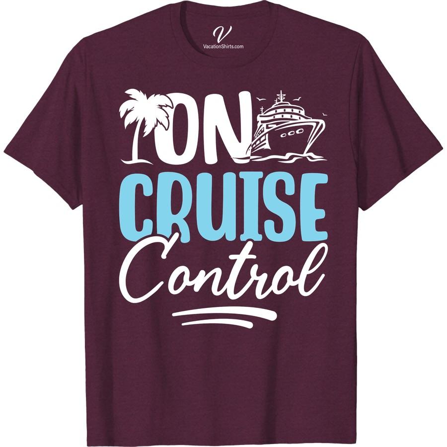 On Cruise Control Tee: Palm, Waves & Ship - Maroon Adventure Embrace the open seas with our Cruise Control Shirt, a Cruise Vacation T-shirt that brings the tropical thrill to your closet. This Maroon Adventure T-shirt features a wave print and palm print, encapsulating a tropical adventure. A perfect Vacation Apparel for your next cruise vacation.