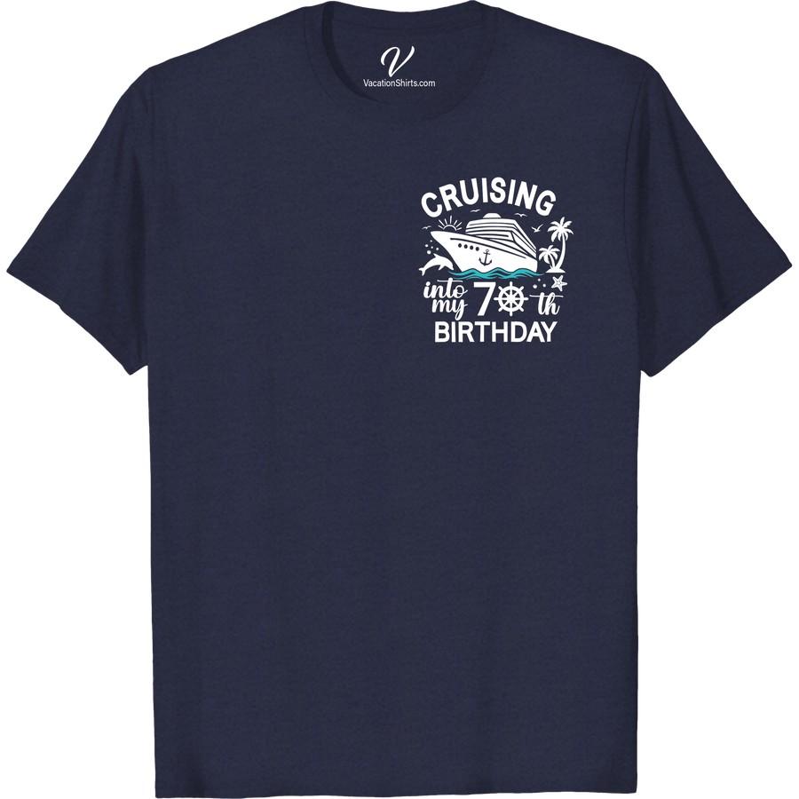70th Birthday Cruise Tee - Celebrate with Dolphins & Palm Trees! Turning 70 should be celebrated in style! This '70th Birthday Cruise Tshirt' makes the perfect keepsake. With its 'Dolphins Palm Trees Tee' design, this 'Dolphin and Palm Tree Tshirt' celebrates your 'Cruise Vacation' excellently. Enjoy your 'Tropical 70th Birthday Tee' filled with ocean adventures!