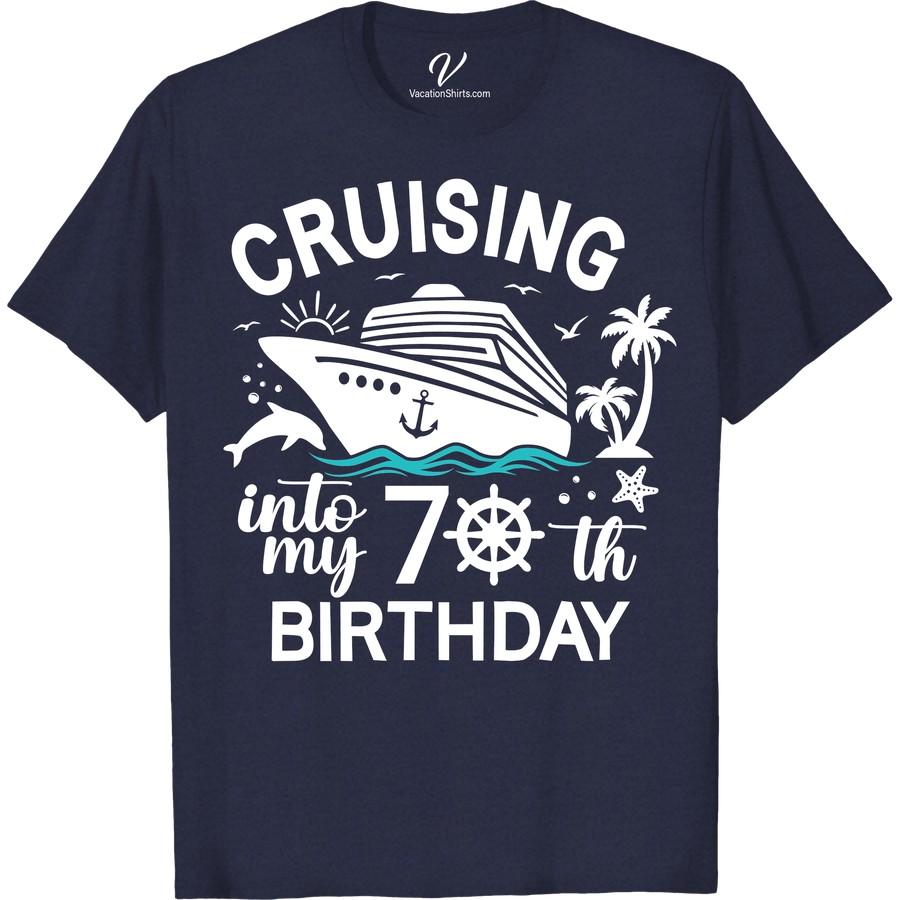 70th Birthday Cruise Tee - Celebrate with Dolphins & Palm Trees! Turning 70 should be celebrated in style! This '70th Birthday Cruise Tshirt' makes the perfect keepsake. With its 'Dolphins Palm Trees Tee' design, this 'Dolphin and Palm Tree Tshirt' celebrates your 'Cruise Vacation' excellently. Enjoy your 'Tropical 70th Birthday Tee' filled with ocean adventures!