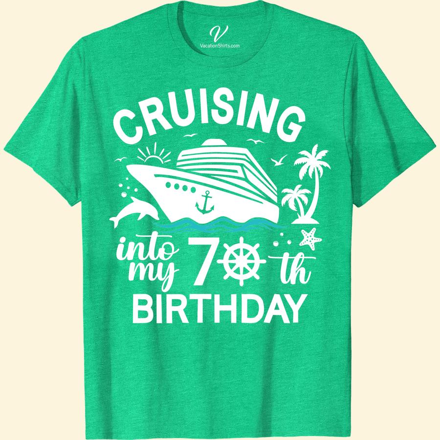 70th Birthday Cruise Tee - Celebrate with Dolphins & Palm Trees! Turning 70 should be celebrated in style! This '70th Birthday Cruise Tshirt' makes the perfect keepsake. With its 'Dolphins Palm Trees Tee' design, this 'Dolphin and Palm Tree Tshirt' celebrates your 'Cruise Vacation' excellently. Enjoy your 'Tropical 70th Birthday Tee' filled with ocean adventures!
