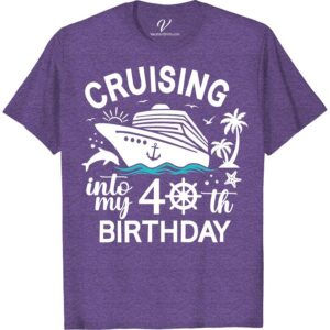 40th Birthday Cruise Tee - Nautical Fun with Dolphins & Palm Trees  Celebrate turning 40 in style with our 40th Birthday Cruise Tshirt! Glide through your nautical fun vacation in this Dolphin Design T-shirt, adorned with lively palm tree graphics. This cruise ship clothing is perfect for a tropical birthday bash, offering a blend of seaside vacation apparel and nautical birthday tee vibes. Make your cruise celebration stand out with this especially adorable Dolphin and Palm Tree Vacation Tee. Time to set sail!