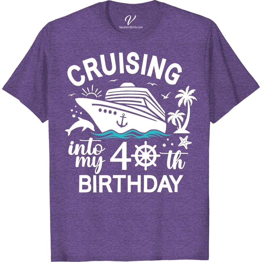 40th Birthday Cruise Tee - Nautical Fun with Dolphins & Palm Trees Celebrate turning 40 in style with our 40th Birthday Cruise Tshirt! Glide through your nautical fun vacation in this Dolphin Design T-shirt, adorned with lively palm tree graphics. This cruise ship clothing is perfect for a tropical birthday bash, offering a blend of seaside vacation apparel and nautical birthday tee vibes. Make your cruise celebration stand out with this especially adorable Dolphin and Palm Tree Vacation Tee. Time to set sail!