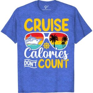 Cruise Calories Tee: Sunset, Palm Trees & Ship Wheel Design Set sail in style with our Cruise Calories Tee, featuring a stunning sunset design backdropped with iconic palm trees. This nautical themed tee is the ideal sea vacay apparel; its ship wheel t-shirt design adds a unique touch. Our summer cruise shirts are the perfect travel inspired tees for any tropical vacation.