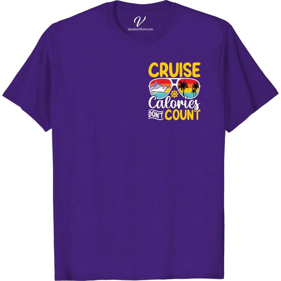 Cruise Calories Tee: Sunset, Palm Trees & Ship Wheel Design Set sail in style with our Cruise Calories Tee, featuring a stunning sunset design backdropped with iconic palm trees. This nautical themed tee is the ideal sea vacay apparel; its ship wheel t-shirt design adds a unique touch. Our summer cruise shirts are the perfect travel inspired tees for any tropical vacation.