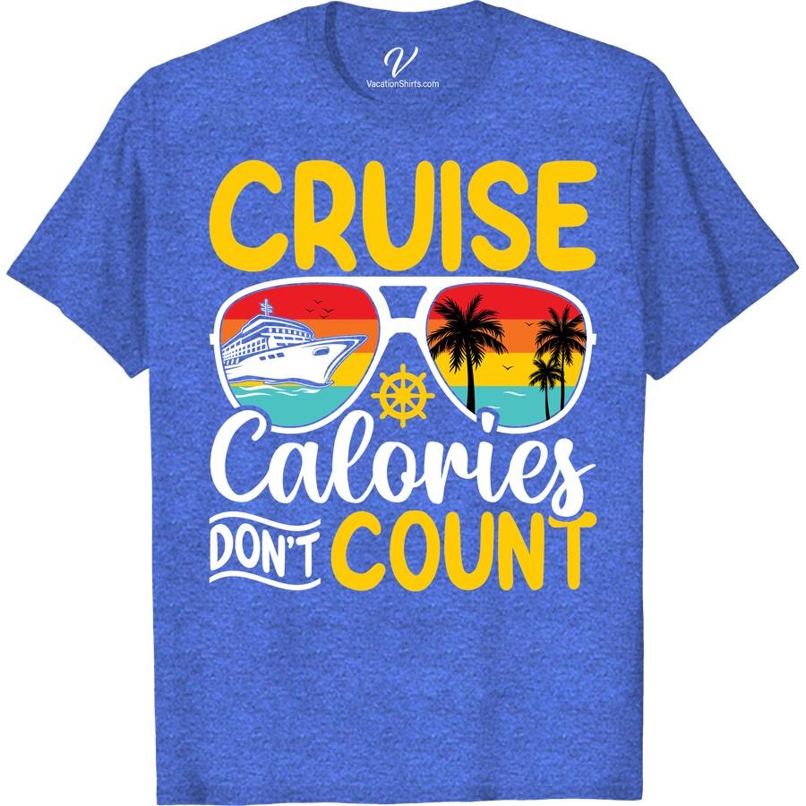 Cruise Calories Tee: Sunset, Palm Trees & Ship Wheel Design Set sail in style with our Cruise Calories Tee, featuring a stunning sunset design backdropped with iconic palm trees. This nautical themed tee is the ideal sea vacay apparel; its ship wheel t-shirt design adds a unique touch. Our summer cruise shirts are the perfect travel inspired tees for any tropical vacation.