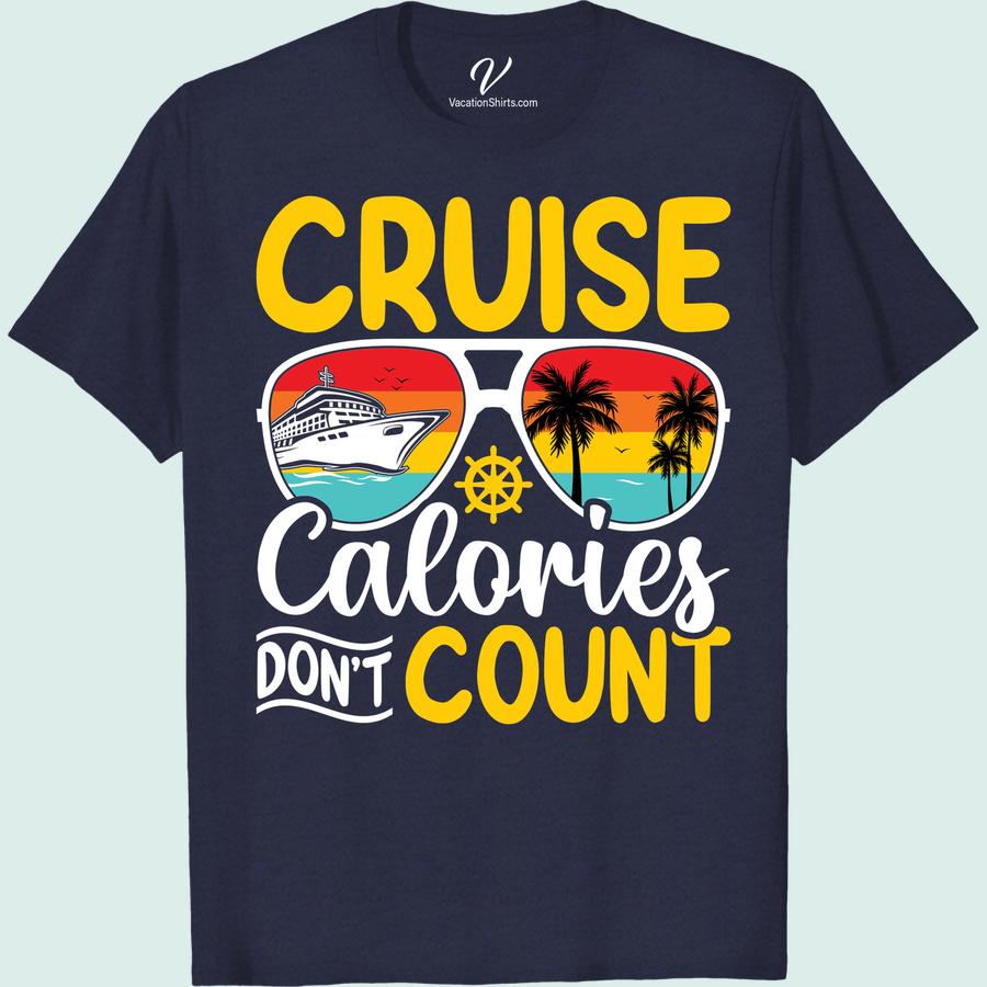 Cruise Calories Tee: Sunset, Palm Trees & Ship Wheel Design Set sail in style with our Cruise Calories Tee, featuring a stunning sunset design backdropped with iconic palm trees. This nautical themed tee is the ideal sea vacay apparel; its ship wheel t-shirt design adds a unique touch. Our summer cruise shirts are the perfect travel inspired tees for any tropical vacation.