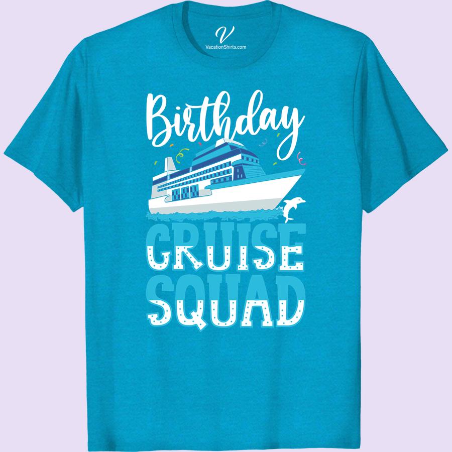 Birthday Cruise Squad Tee: Dolphins, Waves & Confetti Fun! Experience the jubilant spirit of oceanic adventure with our 'Birthday Cruise Squad Tee'. Celebrate with dolphins, waves & an eruption of confetti fun! This shirt is the ultimate summer cruise vacation clothing. Perfect for a tropical vacation squad party or cruise birthday celebration. Dive into the Dolphin Waves T-shirt today!