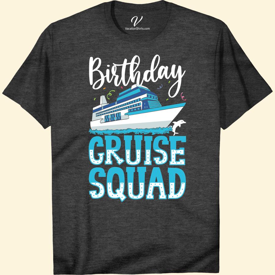 Birthday Cruise Squad Tee: Dolphins, Waves & Confetti Fun! Experience the jubilant spirit of oceanic adventure with our 'Birthday Cruise Squad Tee'. Celebrate with dolphins, waves & an eruption of confetti fun! This shirt is the ultimate summer cruise vacation clothing. Perfect for a tropical vacation squad party or cruise birthday celebration. Dive into the Dolphin Waves T-shirt today!