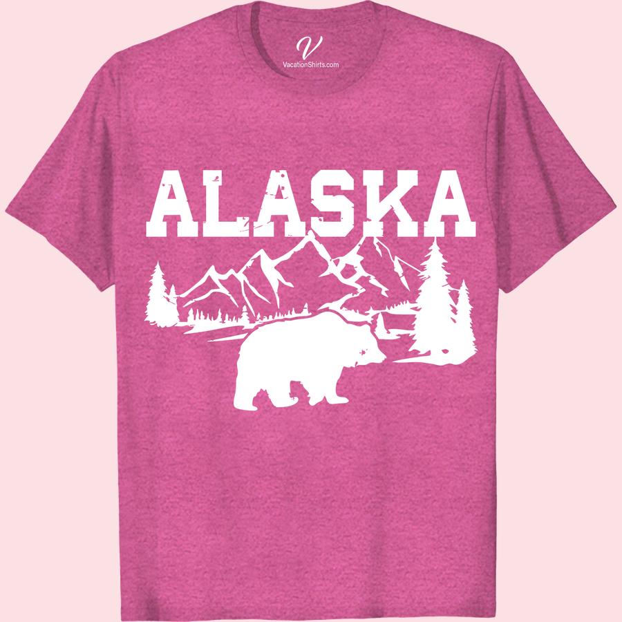 Alaska Adventure T-Shirt: Mountains, Bear & Trees Design Showcase your love for the wild with our Alaska Adventure T-Shirt, featuring breathtaking Alaskan Scenery Tee designs. From Alaska's Mountains Scenic Tee to Bear and Trees Shirt art, this Adventure Outdoor T-Shirt is a must-have Vacation Tshirts Alaska lovers would adore. Embrace the Alaska Wilderness with this unique Trees Design Apparel.