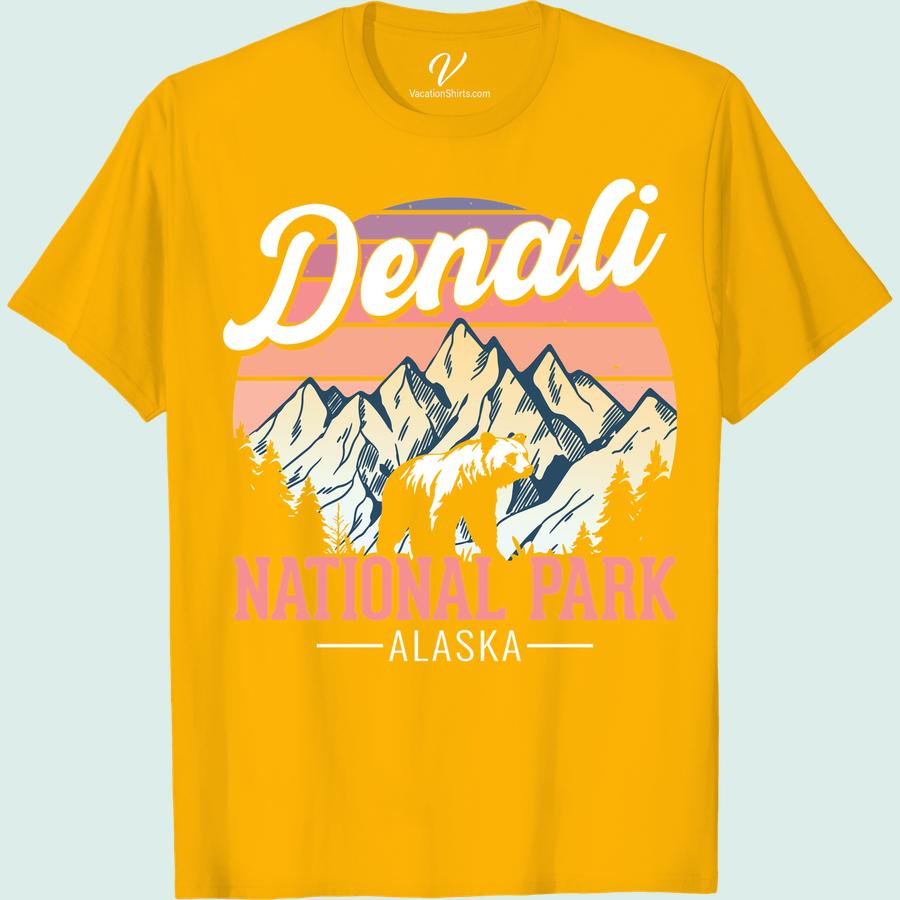 Explore Denali: Bear & Sunset T-Shirt - Alaska Adventure Tee Experience the thrill of adventure with our 'Explore Denali: Bear & Sunset' T-Shirt! This Denali Vacation T-Shirt is a perfect Alaska Travel Shirt or souvenir. Show off your love for the wilderness, hiking, and wildlife with this unique, inspirational Alaska Adventure T-Shirt.