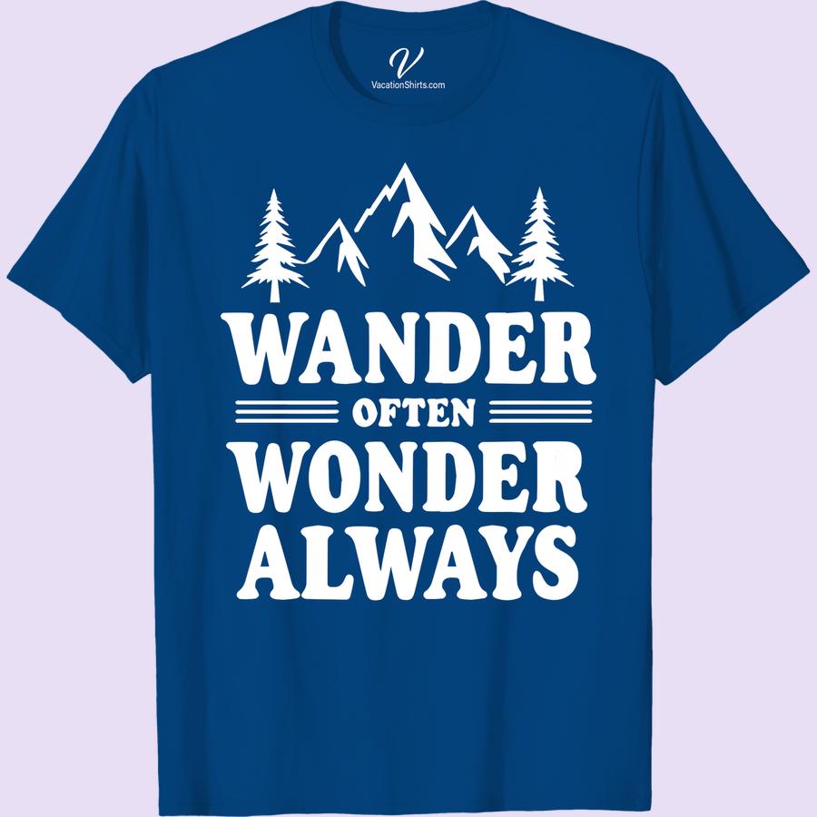 Explore Adventure Tee: Wander Often, Wonder Always Mountains Design Embrace discovery with our Explore Adventure Tee, Wander Often, Wonder Always! This Adventure T-shirt SEO optimised and Mountains Design Shirt SEO inspired garment is the ideal wanderlust apparel. Perfect Vacation t-shirt Keywords for Outdoor Adventure, Hiking, and Adventure Travel enthusiasts. Discover the Explorer's thrill in style!