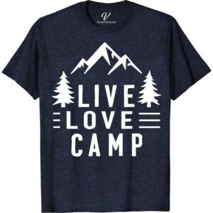 Camping T-Shirt: Live Love Camp Design with Mountains & Pines  Discover the embodiment of outdoor passion with our Camping Themed T-Shirt, the 'Live Love Camp' apparel. Adorned with a captivating mountain design, pine tree graphics, and high-quality print, this wilderness inspired clothing is your perfect partner for every campsite adventure and hiking journey.