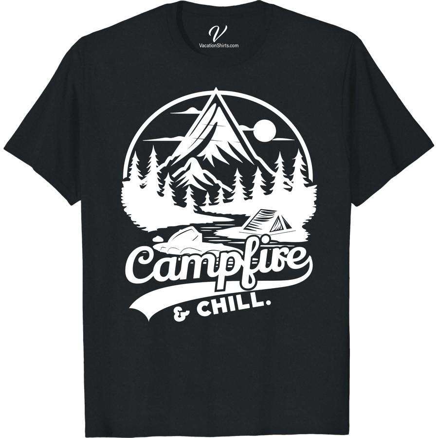 Adventure T-Shirt – Campfire & Chill: Mountains & Pine Forest Design Introducing our Adventure Campfire T-Shirt, a must-have addition to your outdoor lifestyle clothing collection. This Mountain Themed T-Shirt features a chill pine forest design that's perfect for wilderness adventures. Slip into this hiking graphic tee when you're ready to campfire & chill. A vacation t-shirt with an outdoorsy graphic and a nod to nature adventure, it's perfect for those who love the great outdoors!