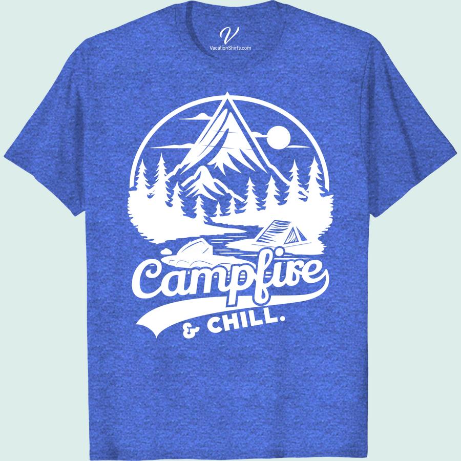 Adventure T-Shirt – Campfire & Chill: Mountains & Pine Forest Design Introducing our Adventure Campfire T-Shirt, a must-have addition to your outdoor lifestyle clothing collection. This Mountain Themed T-Shirt features a chill pine forest design that's perfect for wilderness adventures. Slip into this hiking graphic tee when you're ready to campfire & chill. A vacation t-shirt with an outdoorsy graphic and a nod to nature adventure, it's perfect for those who love the great outdoors!