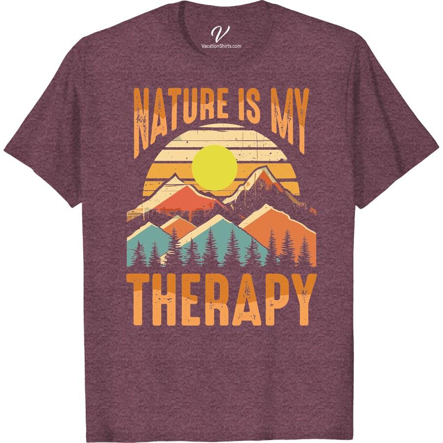 Nature Therapy Tee: Sun, Mountains & Trees - Perfect for Adventure Embrace the spirit of outdoor adventure with the Nature Therapy Tee! This Sun, Mountains & Trees shirt is your perfect companion for wilderness exploration, hiking or a camping vacation. Our Adventure Vacation T-shirt effortlessly combines nature-inspired design with comfortable styling. Be a proud tree lover in this Mountain Adventure Tee.