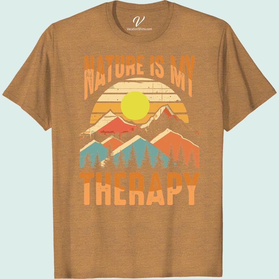 Nature Therapy Tee: Sun, Mountains & Trees - Perfect for Adventure Embrace the spirit of outdoor adventure with the Nature Therapy Tee! This Sun, Mountains & Trees shirt is your perfect companion for wilderness exploration, hiking or a camping vacation. Our Adventure Vacation T-shirt effortlessly combines nature-inspired design with comfortable styling. Be a proud tree lover in this Mountain Adventure Tee.