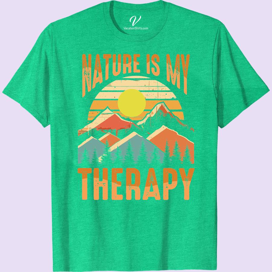 Nature Therapy Tee: Sun, Mountains & Trees - Perfect for Adventure Embrace the spirit of outdoor adventure with the Nature Therapy Tee! This Sun, Mountains & Trees shirt is your perfect companion for wilderness exploration, hiking or a camping vacation. Our Adventure Vacation T-shirt effortlessly combines nature-inspired design with comfortable styling. Be a proud tree lover in this Mountain Adventure Tee.