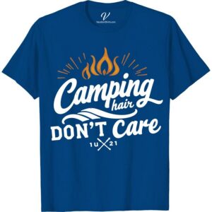 Camping T-Shirt: Camping Hair Don't Care with Flames & Arrows  Embrace the wild spirit in our unisex Camping Hair Don't Care T-Shirt. Featuring flame and arrows designs, this tee is the epitome of trendy camping gear. With its funny, laid-back sentiment, our outdoor adventure T-shirt celebrates the cool, carefree vibes of camping. Stand out with our unique camping attire!
