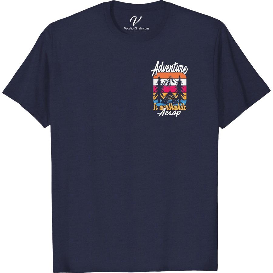 Adventure Tee: Aesop Worthwhile – Mountains, Sunset & Campfire Explore the peaks with our Aesop Worthwhile Adventure Tee. This Mountain Adventure T-shirt showcases stunning sunset & campfire graphic - your perfect vacation shirt! Join the outdoor adventure apparel revolution with this enchanting Campfire Adventure garb. Adventure Travel Merchandise never looked so outstanding. Embrace the journey with Aesop Worthwhile Travel Tees.