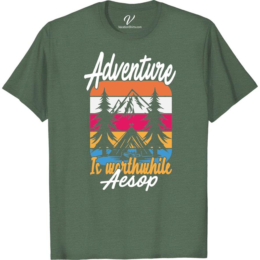 Adventure Tee: Aesop Worthwhile – Mountains, Sunset & Campfire Explore the peaks with our Aesop Worthwhile Adventure Tee. This Mountain Adventure T-shirt showcases stunning sunset & campfire graphic - your perfect vacation shirt! Join the outdoor adventure apparel revolution with this enchanting Campfire Adventure garb. Adventure Travel Merchandise never looked so outstanding. Embrace the journey with Aesop Worthwhile Travel Tees.