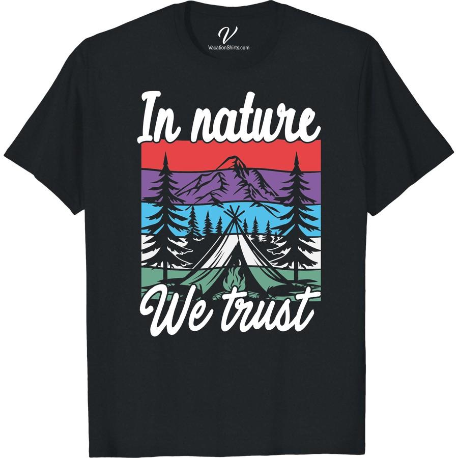 Nature Trust Tee: Vibrant Mountains & Camping Adventure Shirt Our Nature Trust Tee with vibrant mountains & camping adventures is your ultimate outdoor companion. This Mountain Vacation T-shirt captures nature's allure perfectly. It's not just a Camping Tee, it's an embodiment of your love for hiking, forest adventures, and all nature-themed escapes. Wear your adventure!