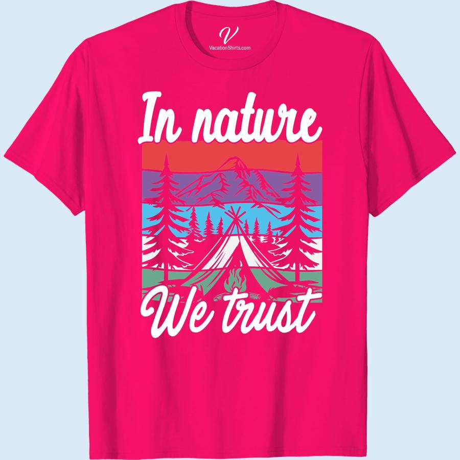 Nature Trust Tee: Vibrant Mountains & Camping Adventure Shirt Our Nature Trust Tee with vibrant mountains & camping adventures is your ultimate outdoor companion. This Mountain Vacation T-shirt captures nature's allure perfectly. It's not just a Camping Tee, it's an embodiment of your love for hiking, forest adventures, and all nature-themed escapes. Wear your adventure!