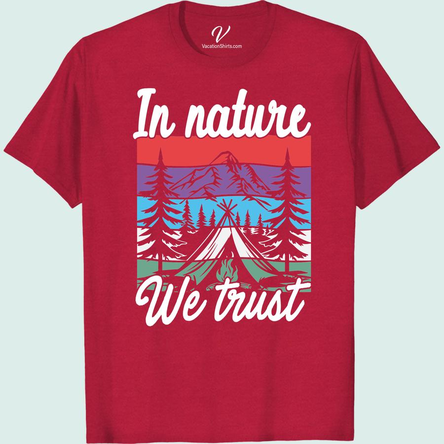 Nature Trust Tee: Vibrant Mountains & Camping Adventure Shirt Our Nature Trust Tee with vibrant mountains & camping adventures is your ultimate outdoor companion. This Mountain Vacation T-shirt captures nature's allure perfectly. It's not just a Camping Tee, it's an embodiment of your love for hiking, forest adventures, and all nature-themed escapes. Wear your adventure!