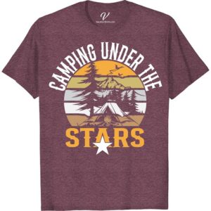 Camping Adventure Tee: Starry Night Under Mountain Trees  Experience the magic of the wilderness with our Camping Adventure T-Shirt. Perfect for nature lovers, this Outdoor Adventure Tee captures a starry night camping under mountain trees. Let the Forest Night Sky Tee ignite your hiking spirit and inspire your next adventure!