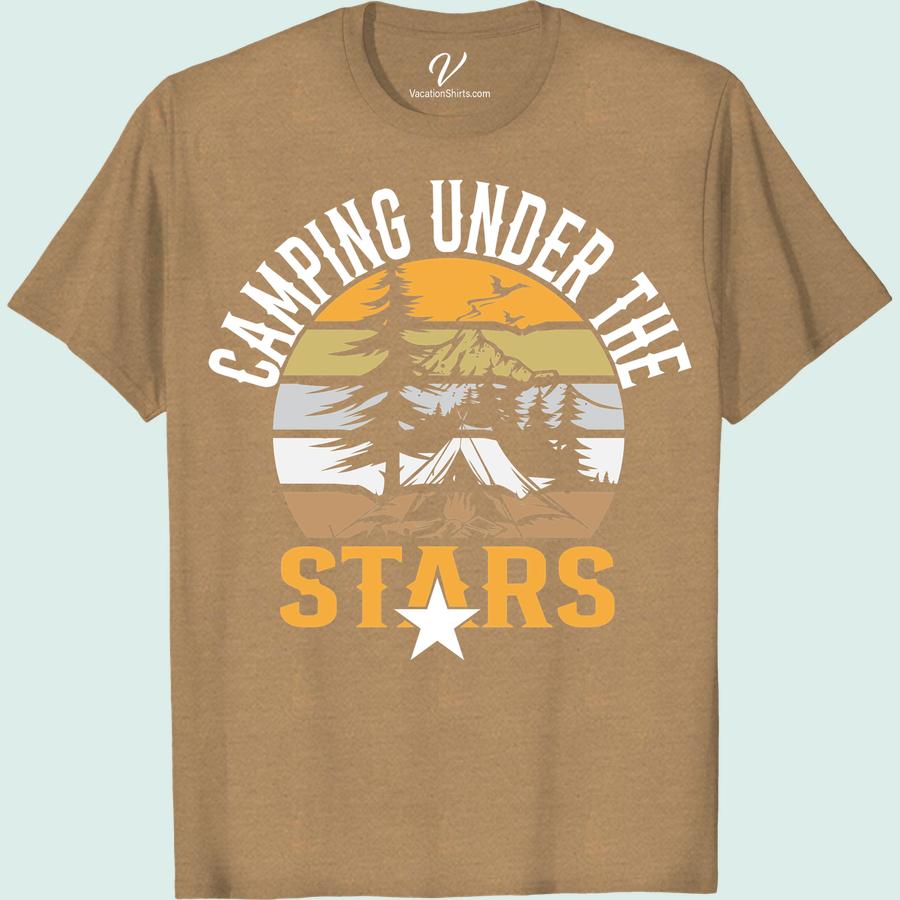 Camping Adventure Tee: Starry Night Under Mountain Trees Experience the magic of the wilderness with our Camping Adventure T-Shirt. Perfect for nature lovers, this Outdoor Adventure Tee captures a starry night camping under mountain trees. Let the Forest Night Sky Tee ignite your hiking spirit and inspire your next adventure!
