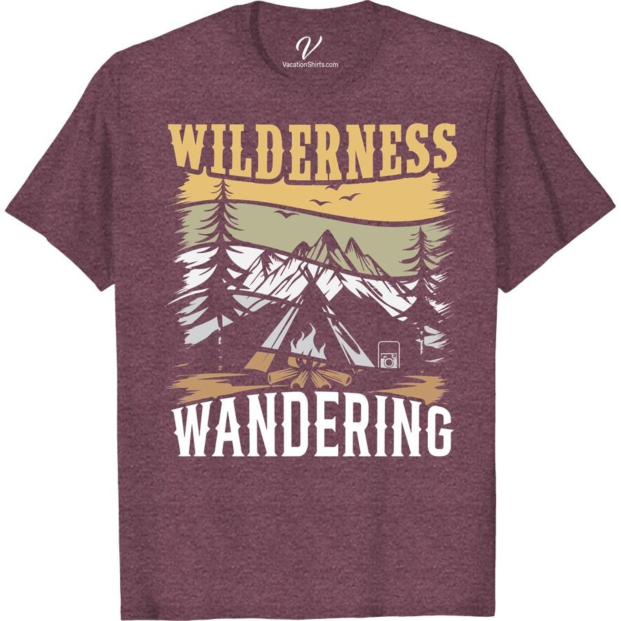 Adventure Tee: Wilderness Wandering - Mountains, Trees & Campfire Embrace the call of the wild with our Adventure Tee: Wilderness Wandering - Mountains, Trees & Campfire shirt. Blending nature-inspired apparel with premium hiking gear clothing, it's perfect as campsite casual wear or for your next outdoors adventure. Forest adventure meets fashion in our Wilderness Wandering Tshirts.