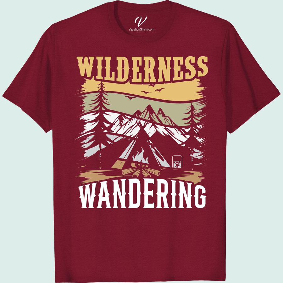 Adventure Tee: Wilderness Wandering - Mountains, Trees & Campfire Embrace the call of the wild with our Adventure Tee: Wilderness Wandering - Mountains, Trees & Campfire shirt. Blending nature-inspired apparel with premium hiking gear clothing, it's perfect as campsite casual wear or for your next outdoors adventure. Forest adventure meets fashion in our Wilderness Wandering Tshirts.