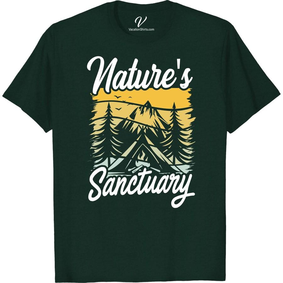 Nature T-Shirt Adventure: Nature's Sanctuary Camping Design Our Nature's Sanctuary T-Shirt wraps the essence of wilderness into an adventurous camping design tee. Ideal vacation clothing with a unique nature design, this outdoor camping shirt is a must-have hiking adventure apparel. Embrace the journey with our Adventure T-Shirt with Nature Design.