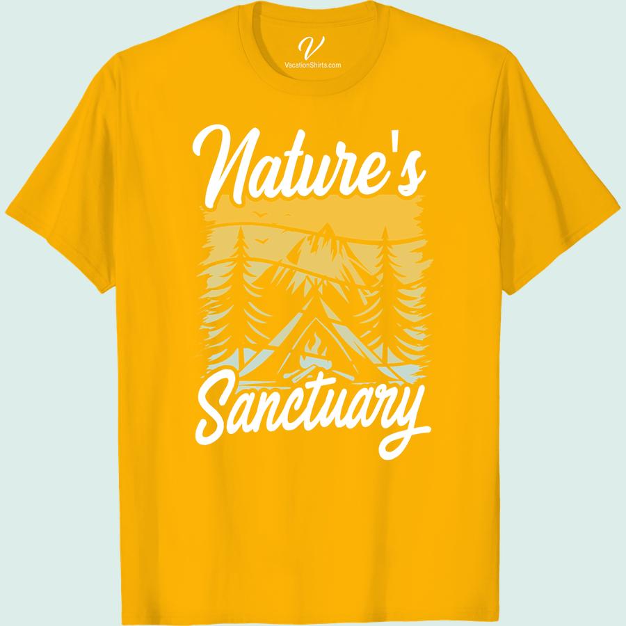 Nature T-Shirt Adventure: Nature's Sanctuary Camping Design Our Nature's Sanctuary T-Shirt wraps the essence of wilderness into an adventurous camping design tee. Ideal vacation clothing with a unique nature design, this outdoor camping shirt is a must-have hiking adventure apparel. Embrace the journey with our Adventure T-Shirt with Nature Design.