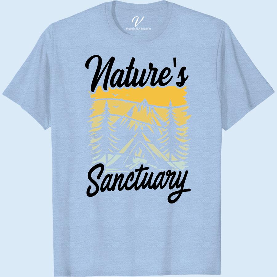 Nature T-Shirt Adventure: Nature's Sanctuary Camping Design Our Nature's Sanctuary T-Shirt wraps the essence of wilderness into an adventurous camping design tee. Ideal vacation clothing with a unique nature design, this outdoor camping shirt is a must-have hiking adventure apparel. Embrace the journey with our Adventure T-Shirt with Nature Design.