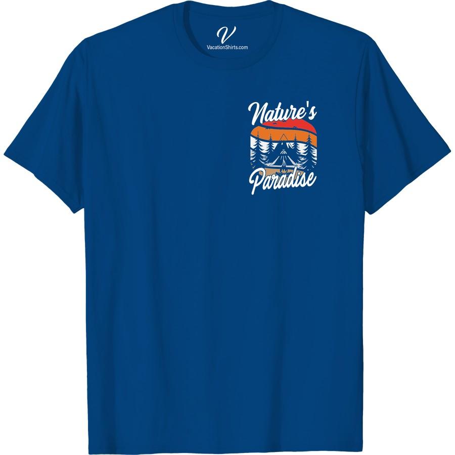 Nature Adventure T-Shirt - Mountains, Trees, Tent & Sunset Scene Escape into nature with our unique Nature Adventure T-Shirt. Perfect for the outdoor lover, its mountain camping shirt design, complete with a tent, trees, and breathtaking sunset scenery, is sure to enhance your camping experience. Express your wanderlust with this Traveler's Nature Shirt!