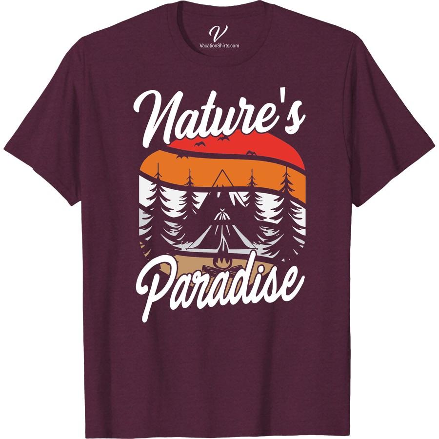 Nature Adventure T-Shirt - Mountains, Trees, Tent & Sunset Scene Escape into nature with our unique Nature Adventure T-Shirt. Perfect for the outdoor lover, its mountain camping shirt design, complete with a tent, trees, and breathtaking sunset scenery, is sure to enhance your camping experience. Express your wanderlust with this Traveler's Nature Shirt!