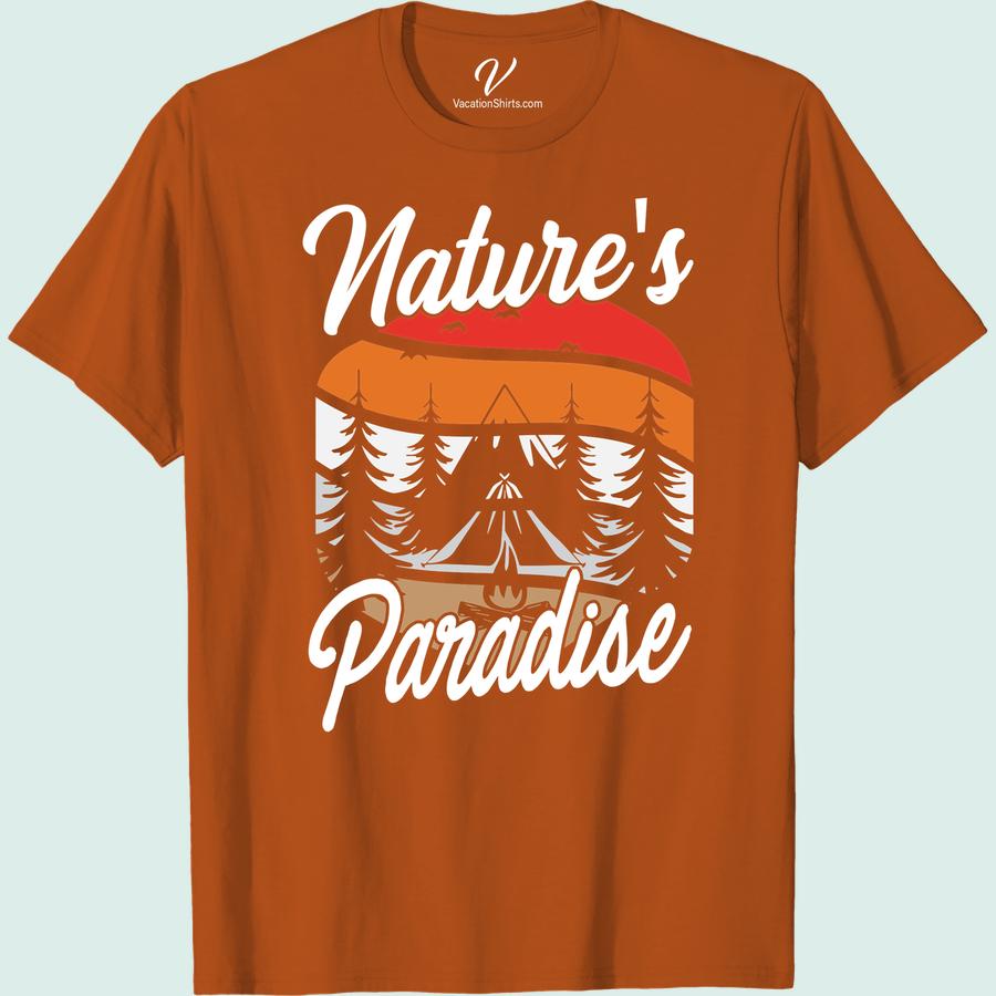 Nature Adventure T-Shirt - Mountains, Trees, Tent & Sunset Scene Escape into nature with our unique Nature Adventure T-Shirt. Perfect for the outdoor lover, its mountain camping shirt design, complete with a tent, trees, and breathtaking sunset scenery, is sure to enhance your camping experience. Express your wanderlust with this Traveler's Nature Shirt!