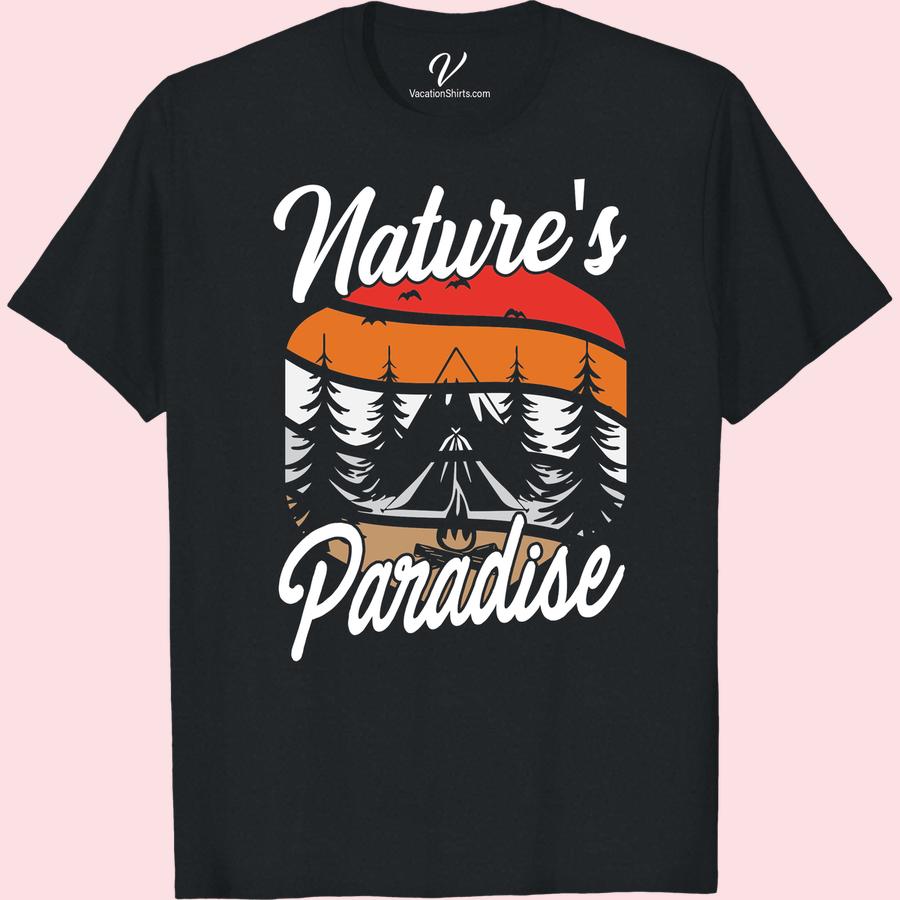Nature Adventure T-Shirt - Mountains, Trees, Tent & Sunset Scene Escape into nature with our unique Nature Adventure T-Shirt. Perfect for the outdoor lover, its mountain camping shirt design, complete with a tent, trees, and breathtaking sunset scenery, is sure to enhance your camping experience. Express your wanderlust with this Traveler's Nature Shirt!