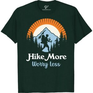 Adventure T-Shirt: Hike More, Worry Less Mountain Trek Tee  Embrace the call of the wild in our 'Hike More, Worry Less' Mountain Trek Tee - your new favorite Adventure Hiking T-shirt! Perfect for vacation adventures, this Outdoor Hiking Apparel unites style, comfort and love for mountaineering. Boldly express your trekking soul with our travel-inspired, eco-friendly Wilderness Trekking Tee!